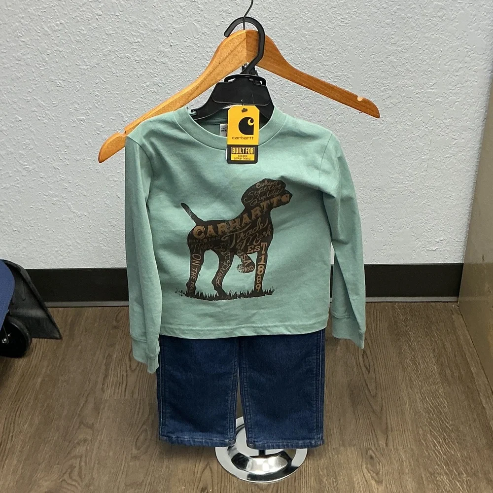 NWT Carhartt Kids Sz 3T Mint Dog Graphic LSS and Matching Denim Pant Set